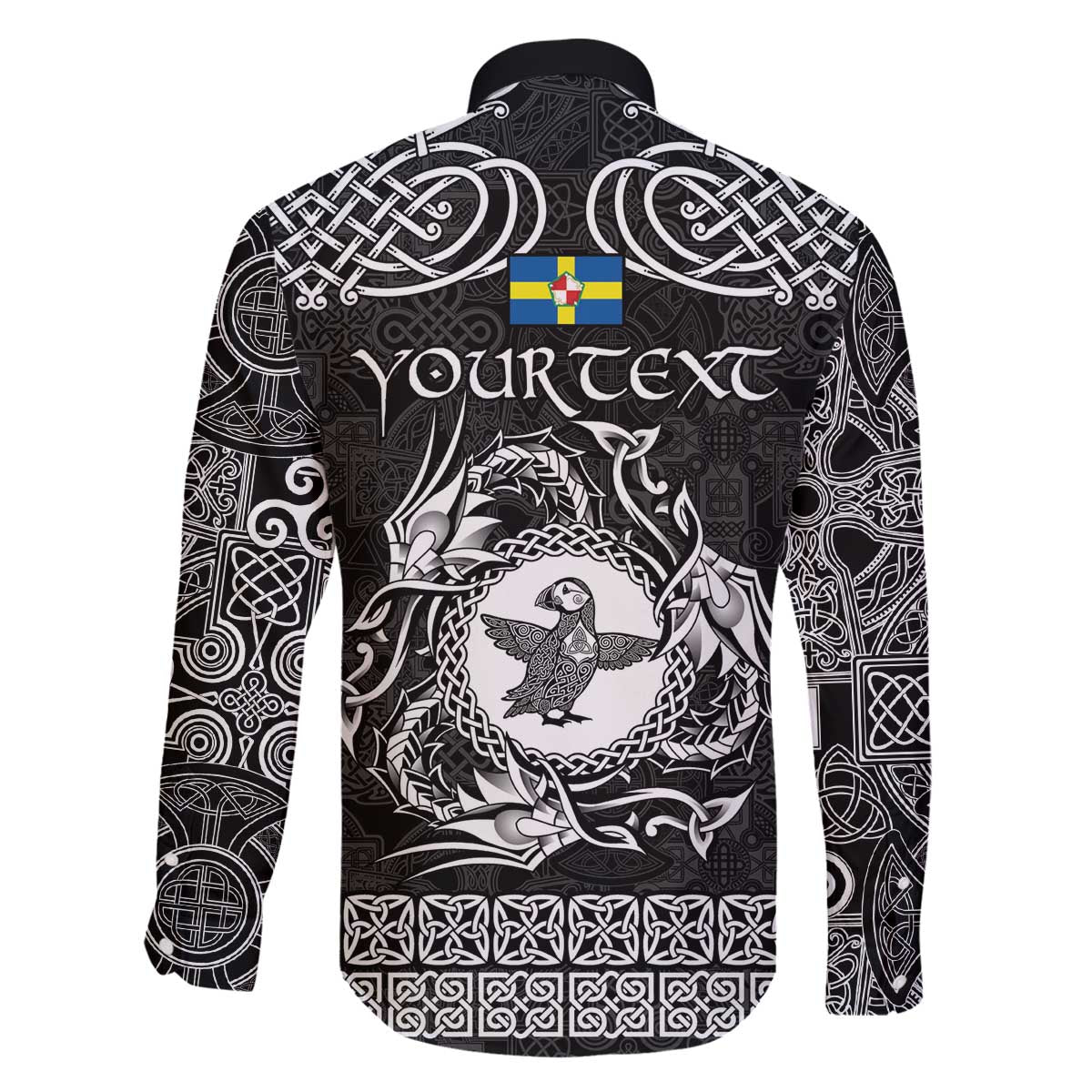 Personalized Pembrokeshire Sir Benfro Family Matching Off The Shoulder Long Sleeve Dress and Hawaiian Shirt Black Puffin Celtic-inspired - Wonder Print Shop