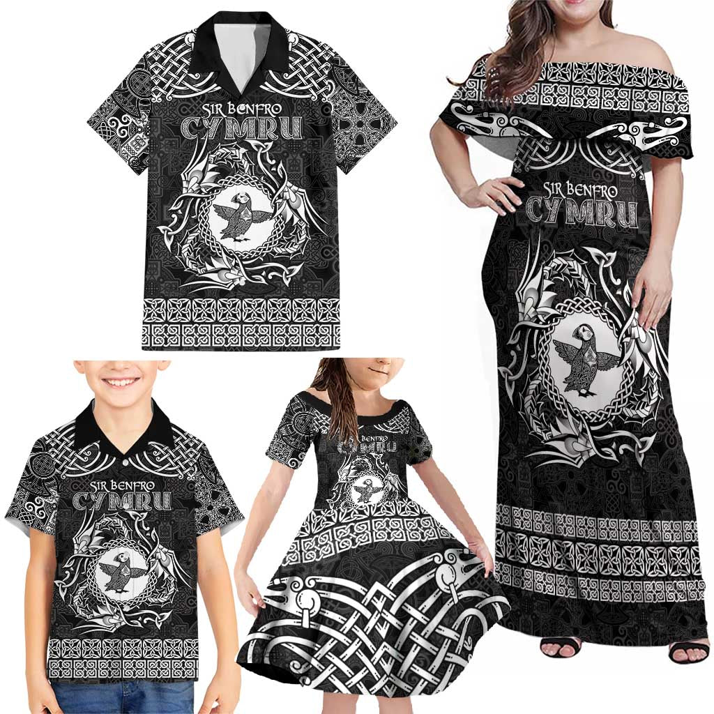 Personalized Pembrokeshire Sir Benfro Family Matching Off Shoulder Maxi Dress and Hawaiian Shirt Black Puffin Celtic-inspired - Wonder Print Shop