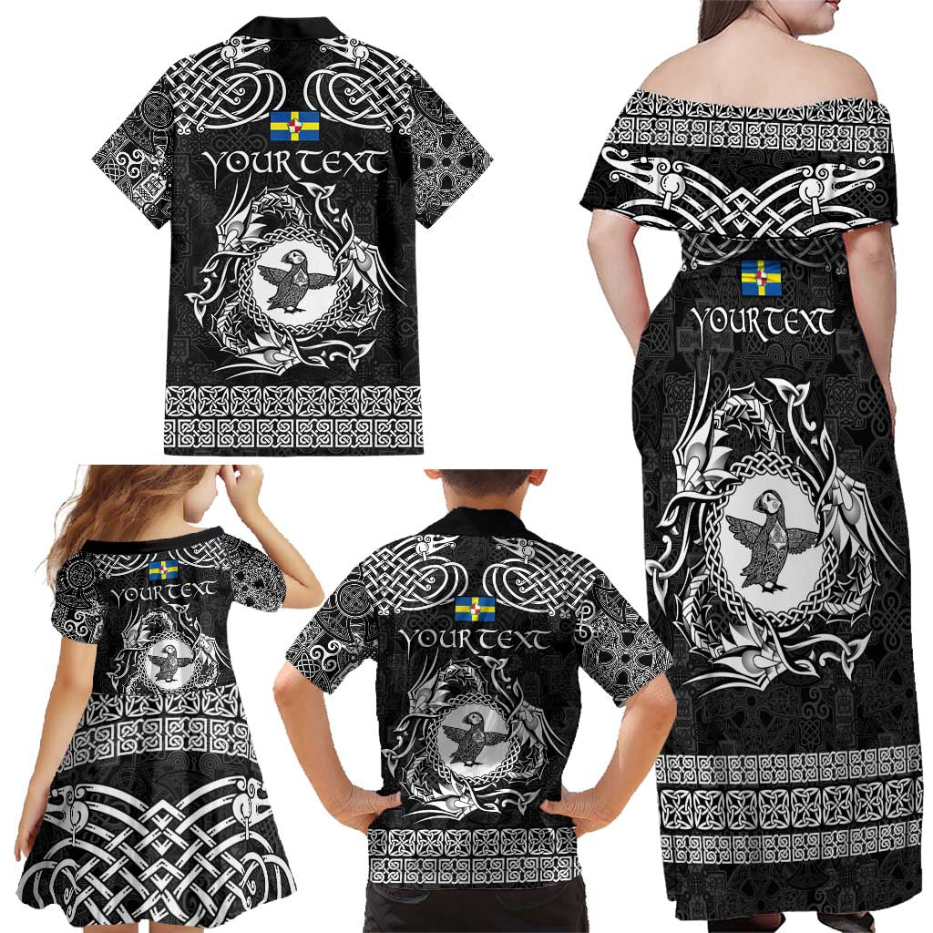 Personalized Pembrokeshire Sir Benfro Family Matching Off Shoulder Maxi Dress and Hawaiian Shirt Black Puffin Celtic-inspired - Wonder Print Shop