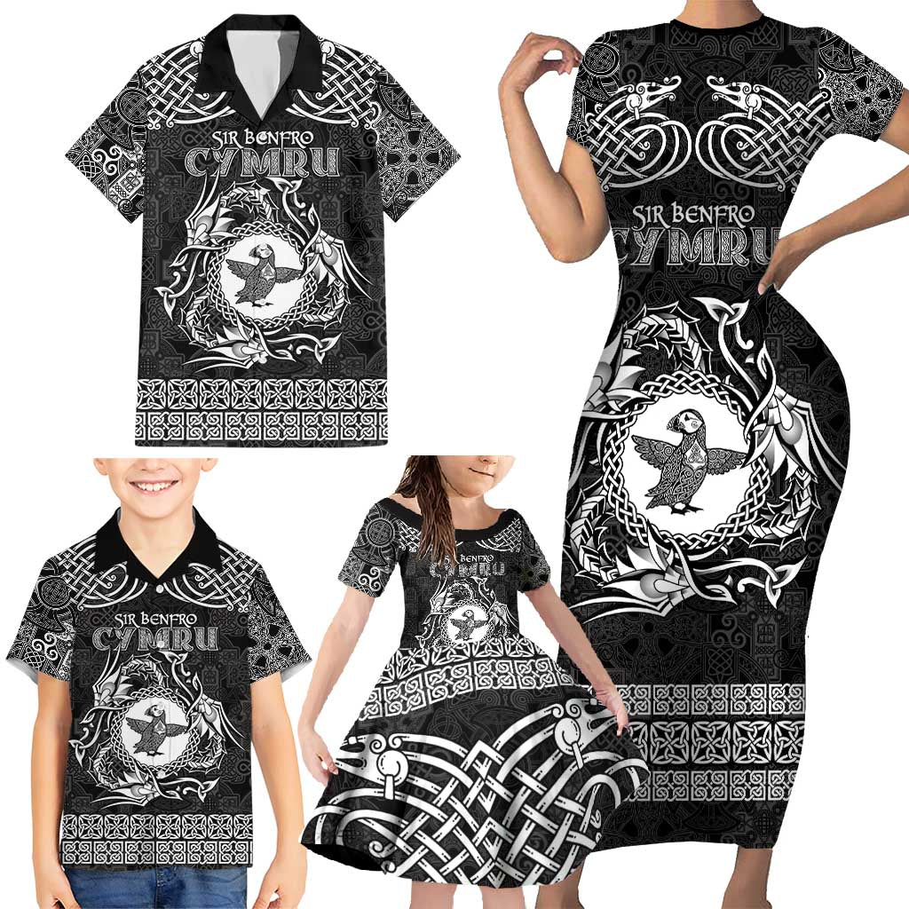 Personalized Pembrokeshire Sir Benfro Family Matching Short Sleeve Bodycon Dress and Hawaiian Shirt Black Puffin Celtic-inspired - Wonder Print Shop