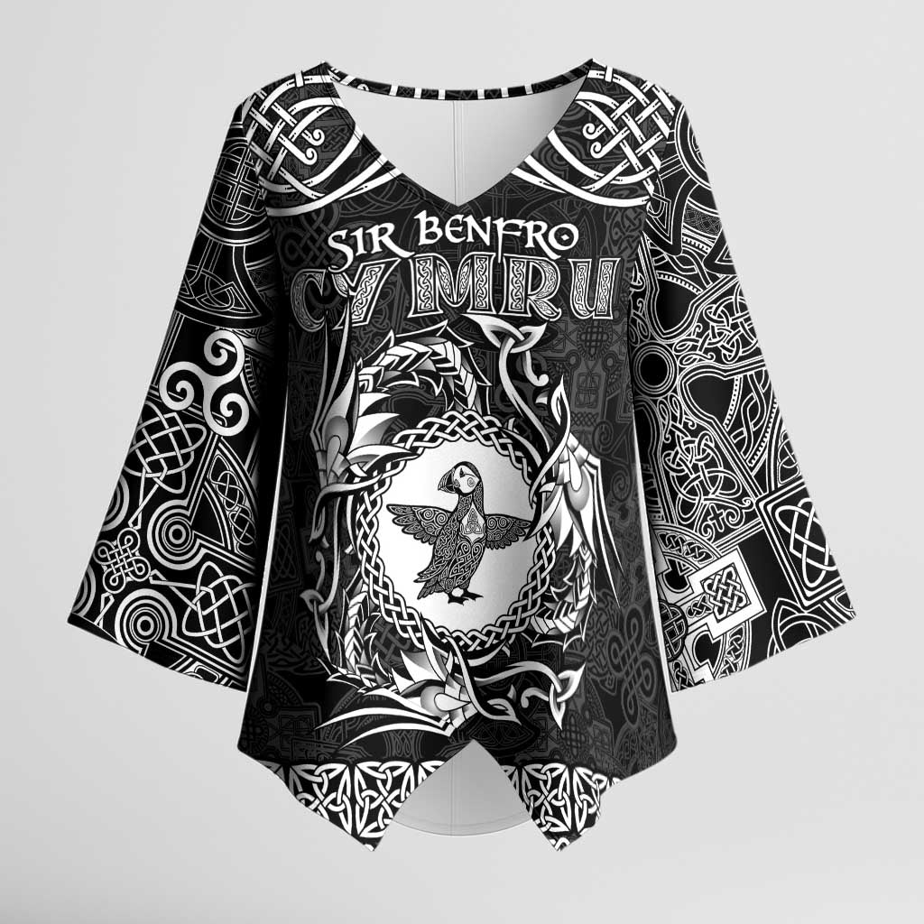 Personalized Pembrokeshire Sir Benfro Kimono Sleeve Blouse Black Puffin Celtic-inspired - Wonder Print Shop