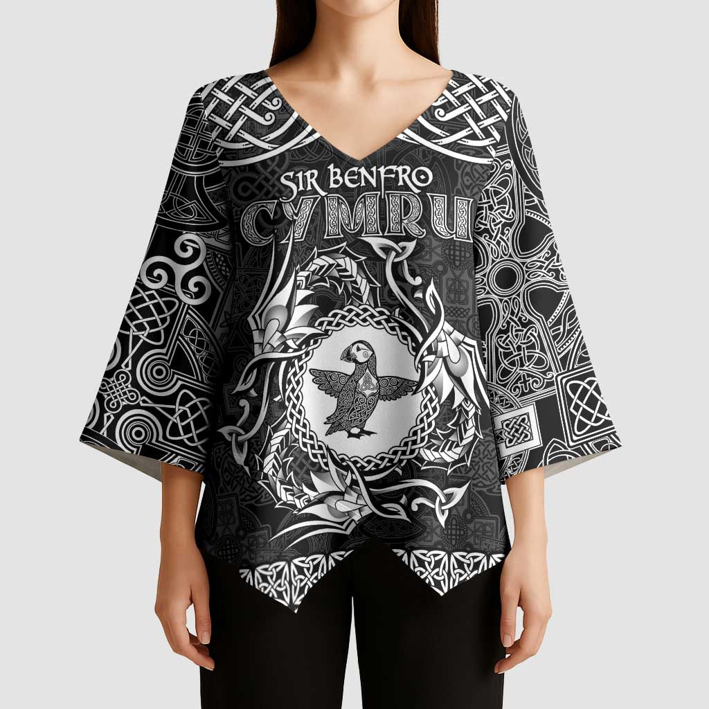 Personalized Pembrokeshire Sir Benfro Kimono Sleeve Blouse Black Puffin Celtic-inspired - Wonder Print Shop