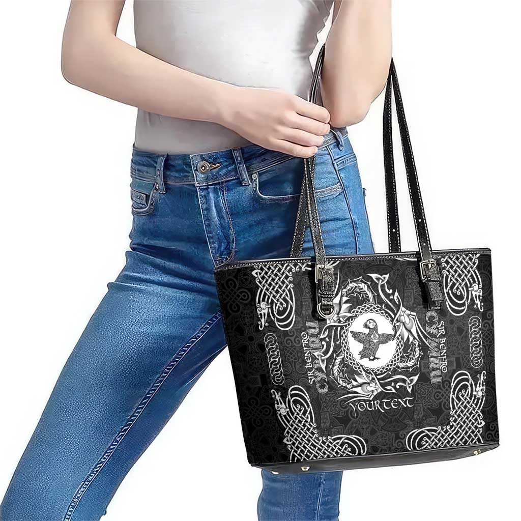 Personalized Pembrokeshire Sir Benfro Leather Tote Bag Black Puffin Celtic-inspired - Wonder Print Shop