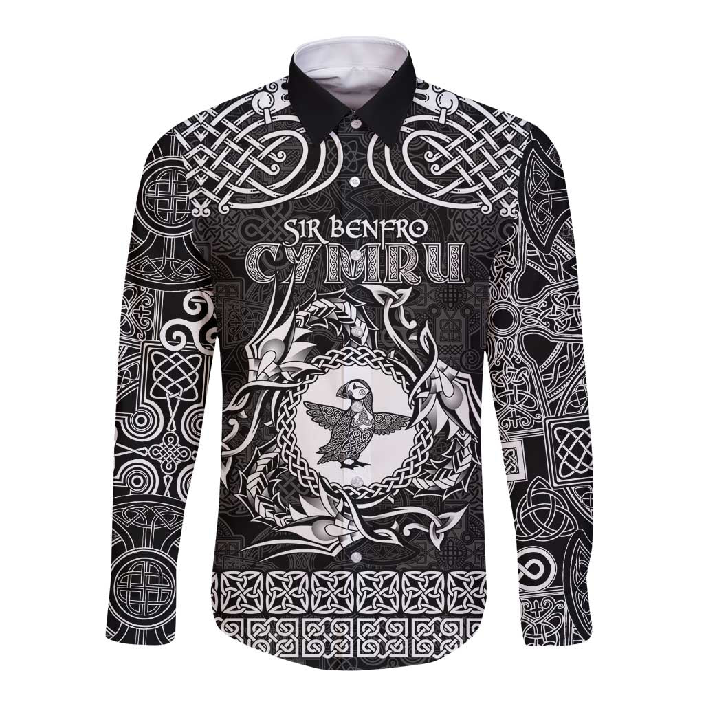 Personalized Pembrokeshire Sir Benfro Long Sleeve Button Shirt Black Puffin Celtic-inspired - Wonder Print Shop