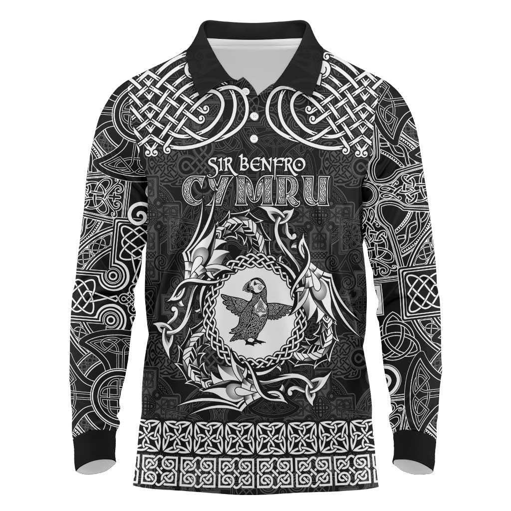 Personalized Pembrokeshire Sir Benfro Long Sleeve Polo Shirt Black Puffin Celtic-inspired - Wonder Print Shop