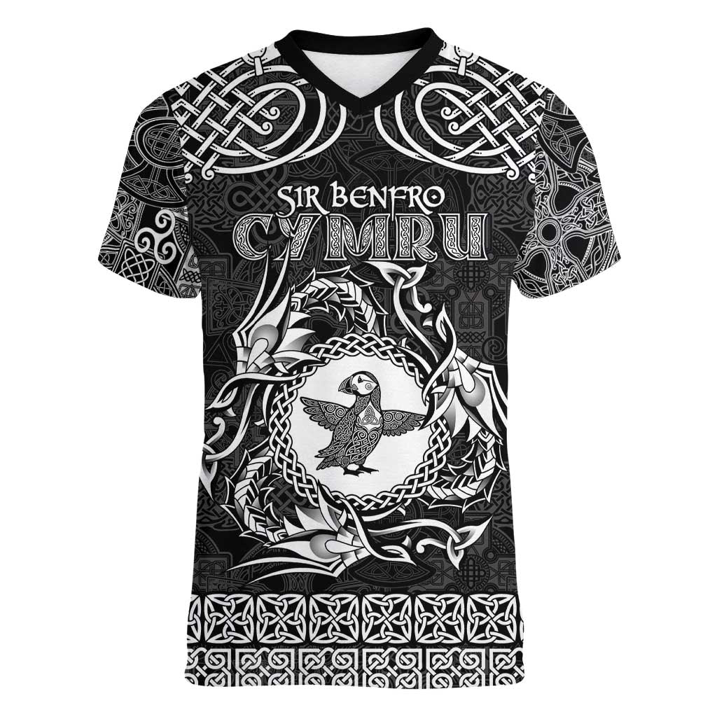 Personalized Pembrokeshire Sir Benfro Women V-Neck T-Shirt Black Puffin Celtic-inspired - Wonder Print Shop