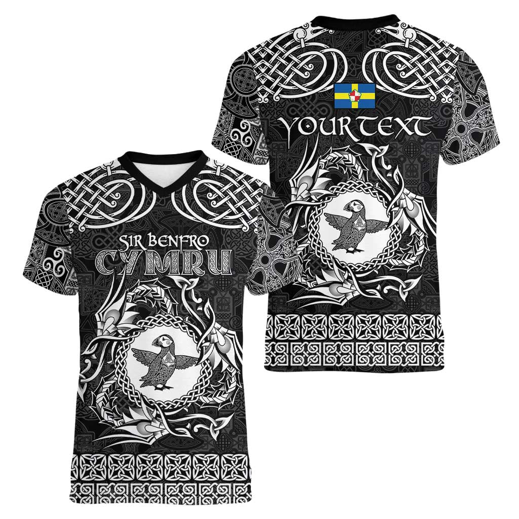 Personalized Pembrokeshire Sir Benfro Women V-Neck T-Shirt Black Puffin Celtic-inspired - Wonder Print Shop