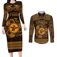 Personalized Pembrokeshire Sir Benfro Couples Matching Long Sleeve Bodycon Dress and Long Sleeve Button Shirt Gold Puffin Celtic-inspired - Wonder Print Shop