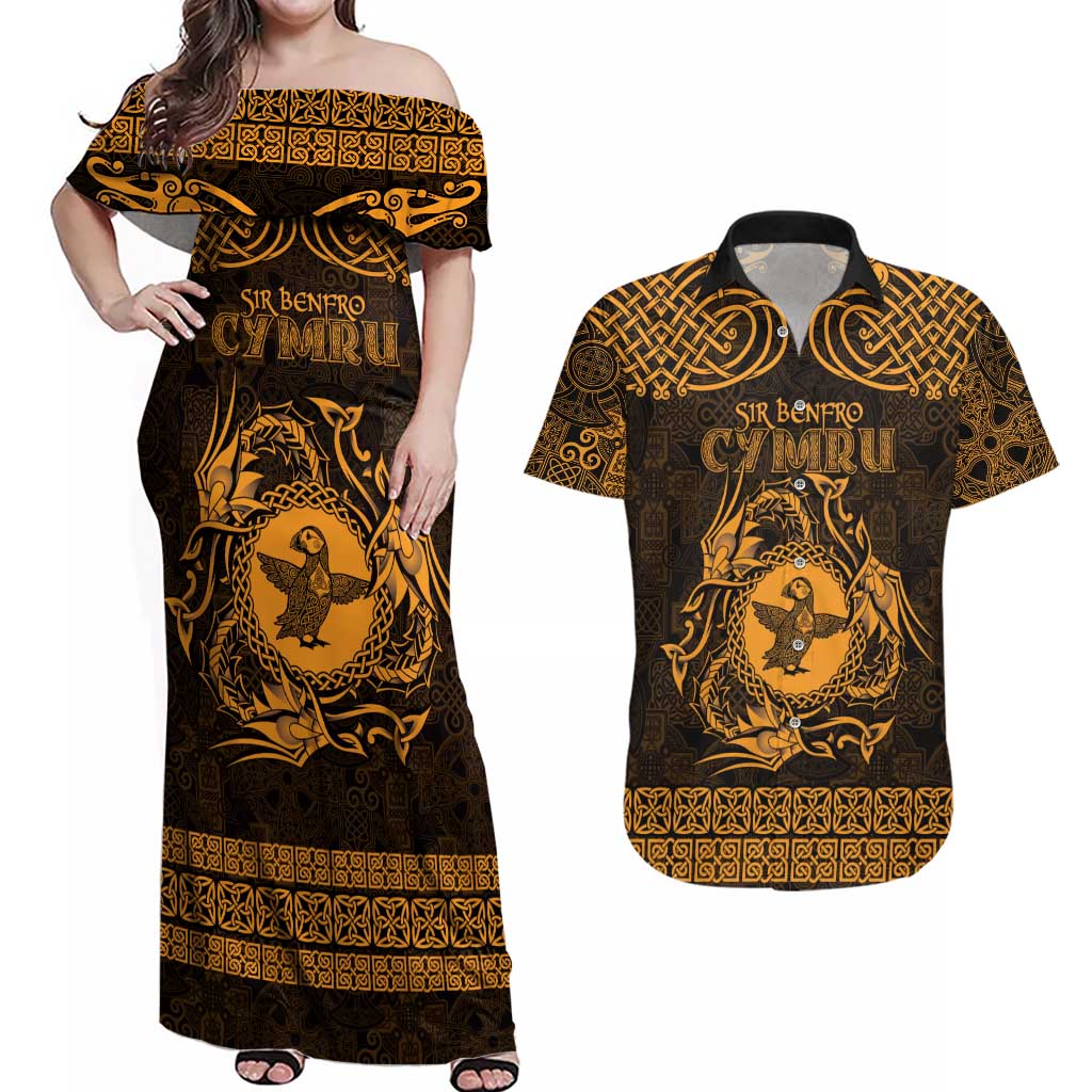 Personalized Pembrokeshire Sir Benfro Couples Matching Off Shoulder Maxi Dress and Hawaiian Shirt Gold Puffin Celtic-inspired - Wonder Print Shop