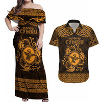 Personalized Pembrokeshire Sir Benfro Couples Matching Off Shoulder Maxi Dress and Hawaiian Shirt Gold Puffin Celtic-inspired - Wonder Print Shop