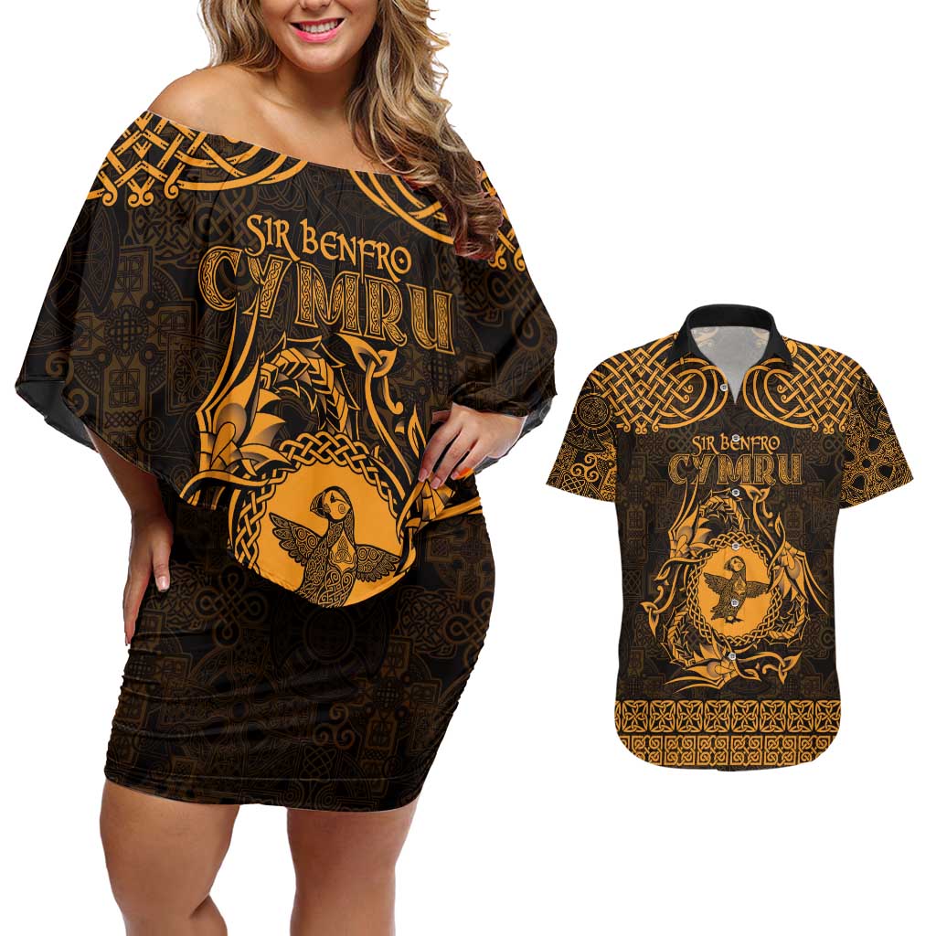 Personalized Pembrokeshire Sir Benfro Couples Matching Off Shoulder Short Dress and Hawaiian Shirt Gold Puffin Celtic-inspired - Wonder Print Shop