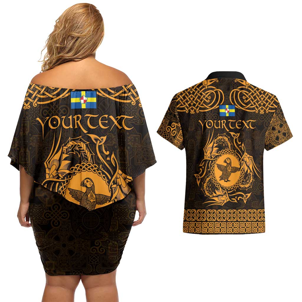 Personalized Pembrokeshire Sir Benfro Couples Matching Off Shoulder Short Dress and Hawaiian Shirt Gold Puffin Celtic-inspired - Wonder Print Shop