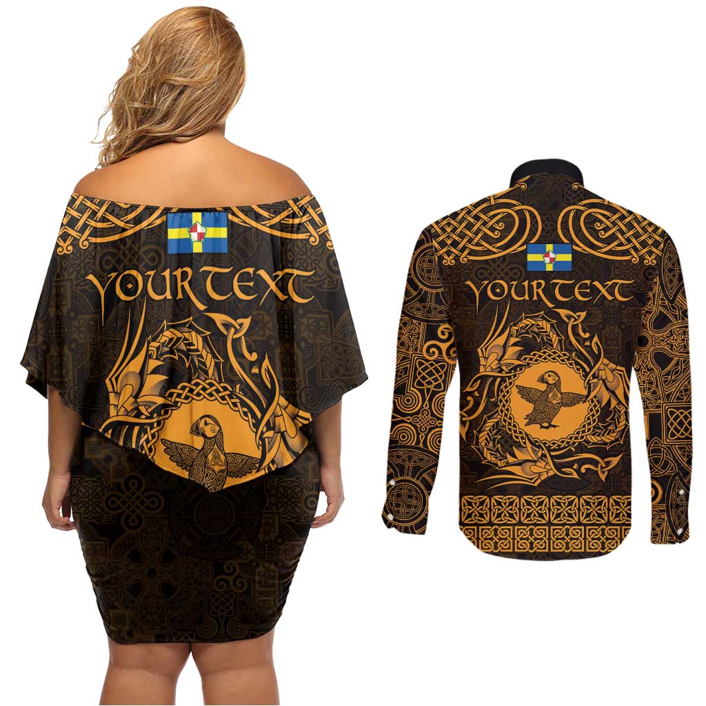 Personalized Pembrokeshire Sir Benfro Couples Matching Off Shoulder Short Dress and Long Sleeve Button Shirt Gold Puffin Celtic-inspired - Wonder Print Shop
