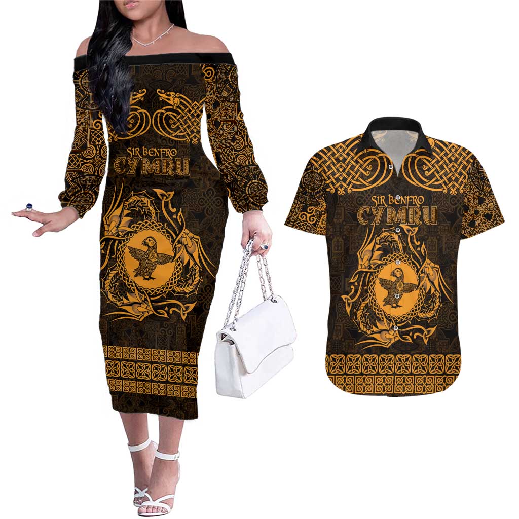 Personalized Pembrokeshire Sir Benfro Couples Matching Off The Shoulder Long Sleeve Dress and Hawaiian Shirt Gold Puffin Celtic-inspired - Wonder Print Shop