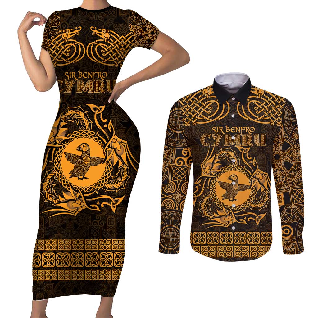 Personalized Pembrokeshire Sir Benfro Couples Matching Short Sleeve Bodycon Dress and Long Sleeve Button Shirt Gold Puffin Celtic-inspired - Wonder Print Shop