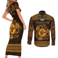Personalized Pembrokeshire Sir Benfro Couples Matching Short Sleeve Bodycon Dress and Long Sleeve Button Shirt Gold Puffin Celtic-inspired - Wonder Print Shop