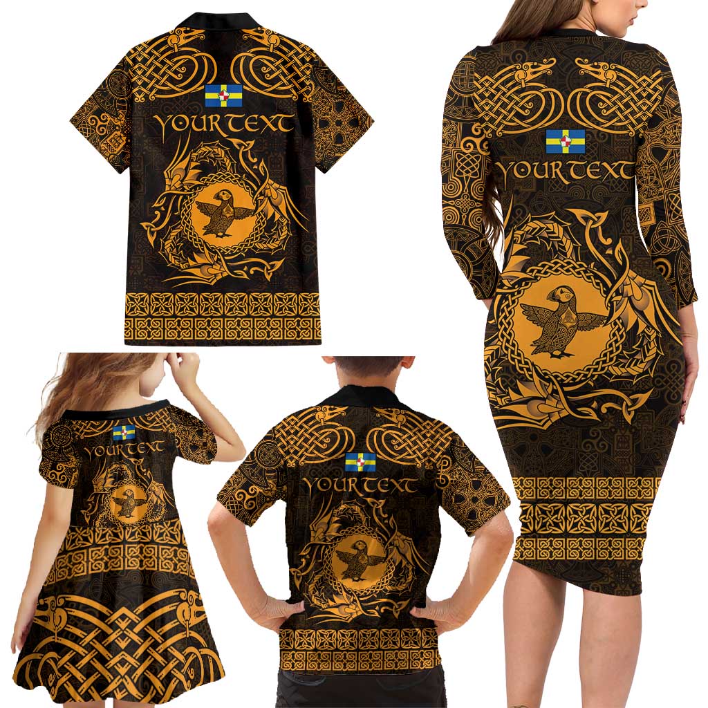 Personalized Pembrokeshire Sir Benfro Family Matching Long Sleeve Bodycon Dress and Hawaiian Shirt Gold Puffin Celtic-inspired - Wonder Print Shop