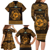 Personalized Pembrokeshire Sir Benfro Family Matching Long Sleeve Bodycon Dress and Hawaiian Shirt Gold Puffin Celtic-inspired - Wonder Print Shop