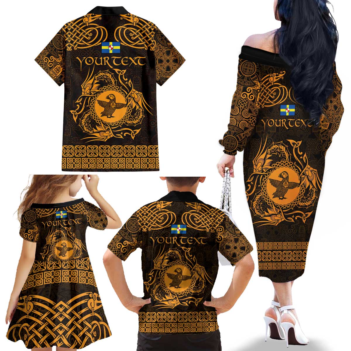 Personalized Pembrokeshire Sir Benfro Family Matching Off The Shoulder Long Sleeve Dress and Hawaiian Shirt Gold Puffin Celtic-inspired - Wonder Print Shop
