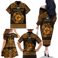 Personalized Pembrokeshire Sir Benfro Family Matching Off The Shoulder Long Sleeve Dress and Hawaiian Shirt Gold Puffin Celtic-inspired - Wonder Print Shop