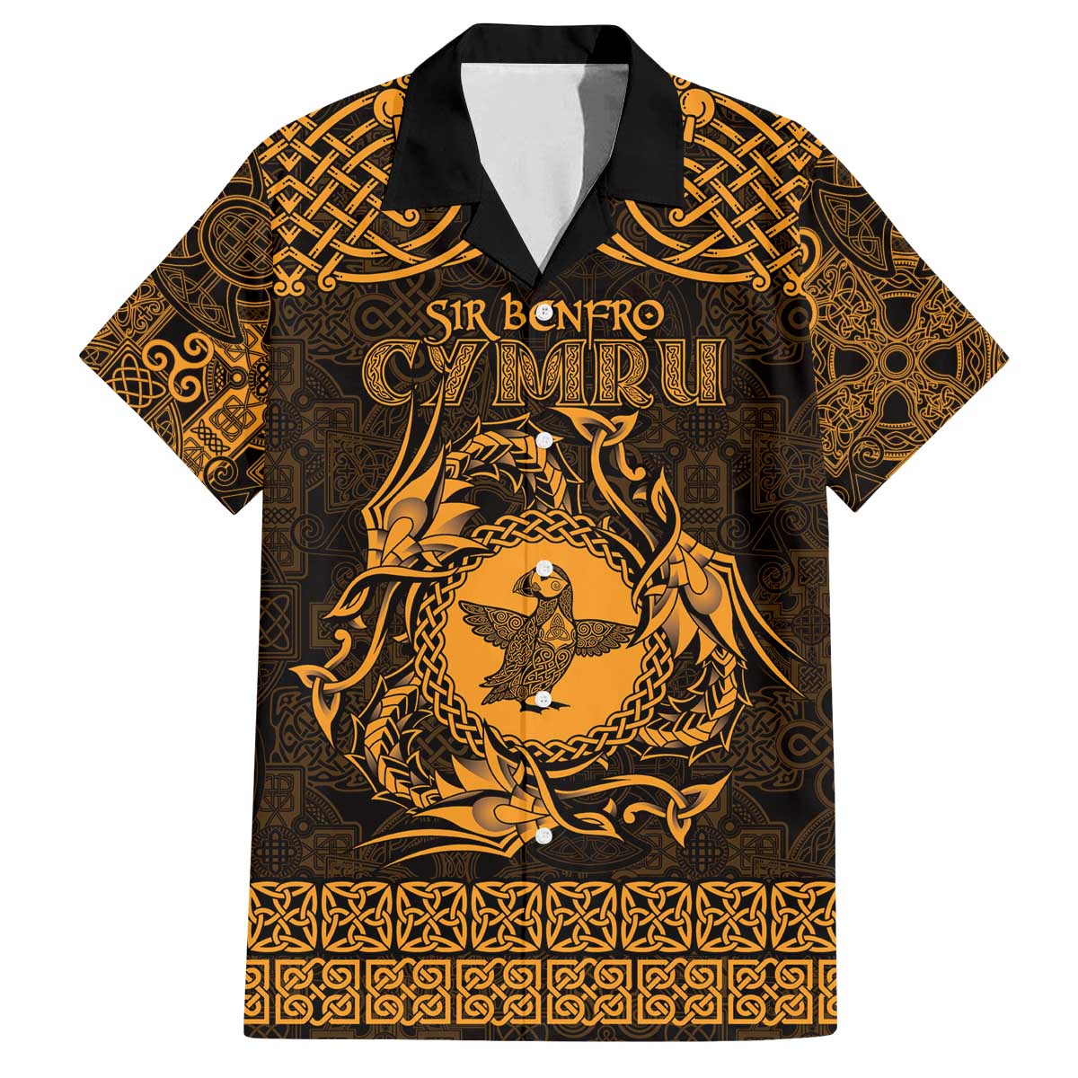 Personalized Pembrokeshire Sir Benfro Family Matching Off The Shoulder Long Sleeve Dress and Hawaiian Shirt Gold Puffin Celtic-inspired - Wonder Print Shop