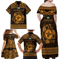Personalized Pembrokeshire Sir Benfro Family Matching Off Shoulder Maxi Dress and Hawaiian Shirt Gold Puffin Celtic-inspired - Wonder Print Shop