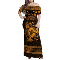 Personalized Pembrokeshire Sir Benfro Family Matching Off Shoulder Maxi Dress and Hawaiian Shirt Gold Puffin Celtic-inspired - Wonder Print Shop