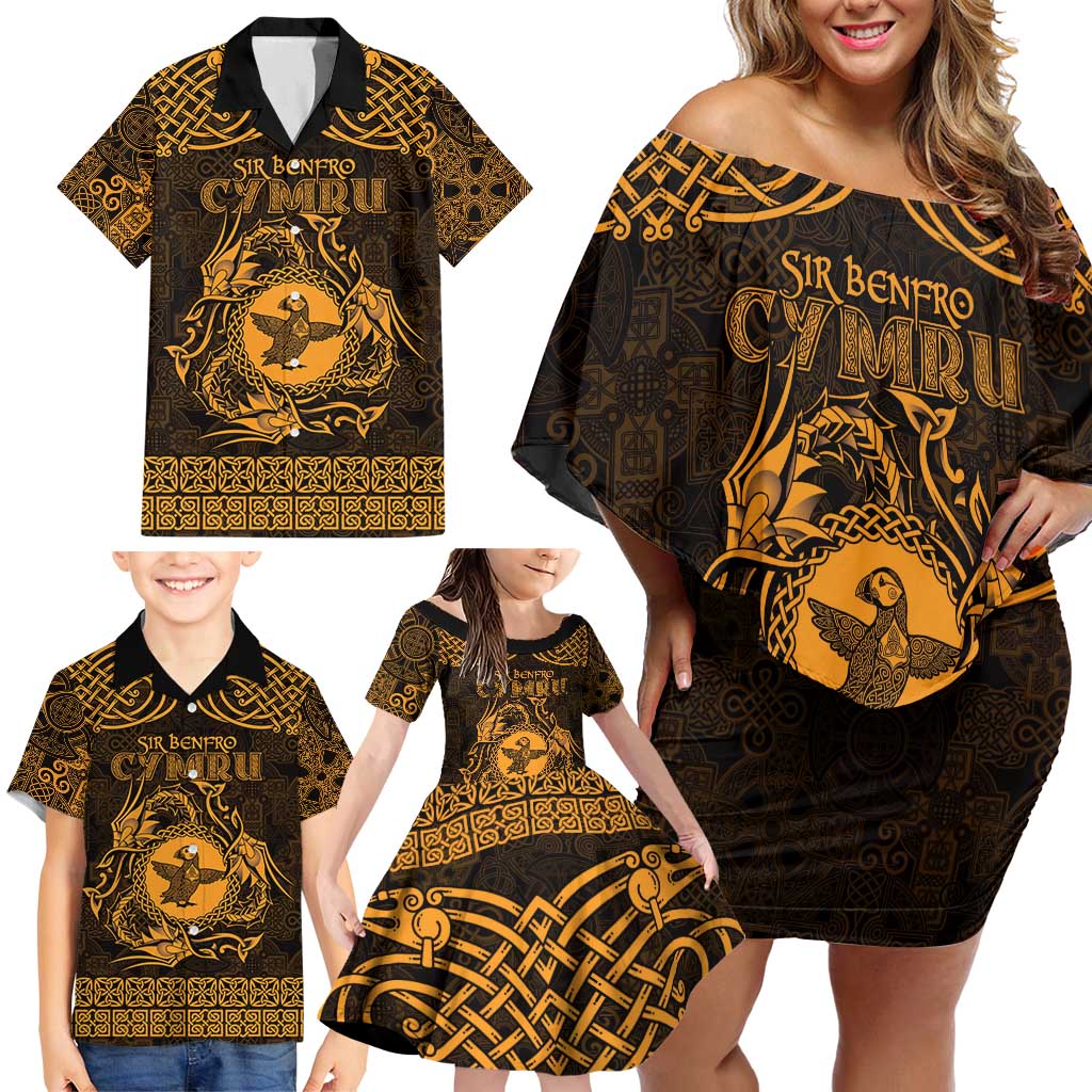 Personalized Pembrokeshire Sir Benfro Family Matching Off Shoulder Short Dress and Hawaiian Shirt Gold Puffin Celtic-inspired - Wonder Print Shop