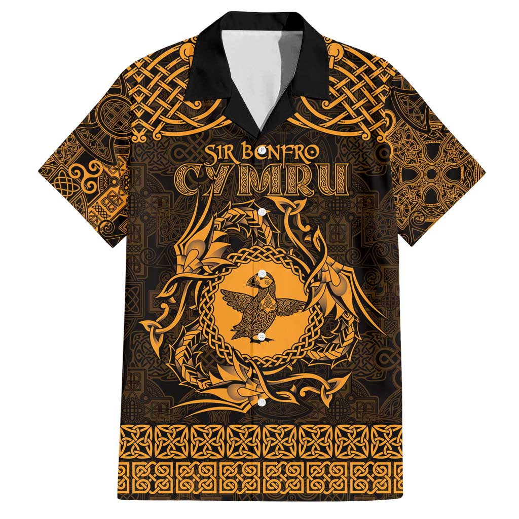 Personalized Pembrokeshire Sir Benfro Family Matching Off Shoulder Short Dress and Hawaiian Shirt Gold Puffin Celtic-inspired - Wonder Print Shop