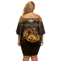 Personalized Pembrokeshire Sir Benfro Family Matching Off Shoulder Short Dress and Hawaiian Shirt Gold Puffin Celtic-inspired - Wonder Print Shop
