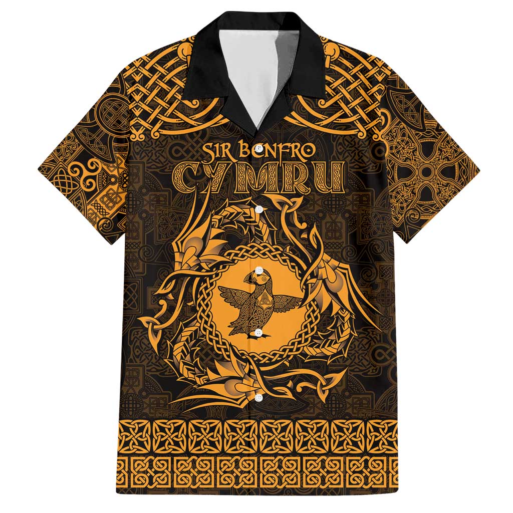 Personalized Pembrokeshire Sir Benfro Family Matching Short Sleeve Bodycon Dress and Hawaiian Shirt Gold Puffin Celtic-inspired - Wonder Print Shop