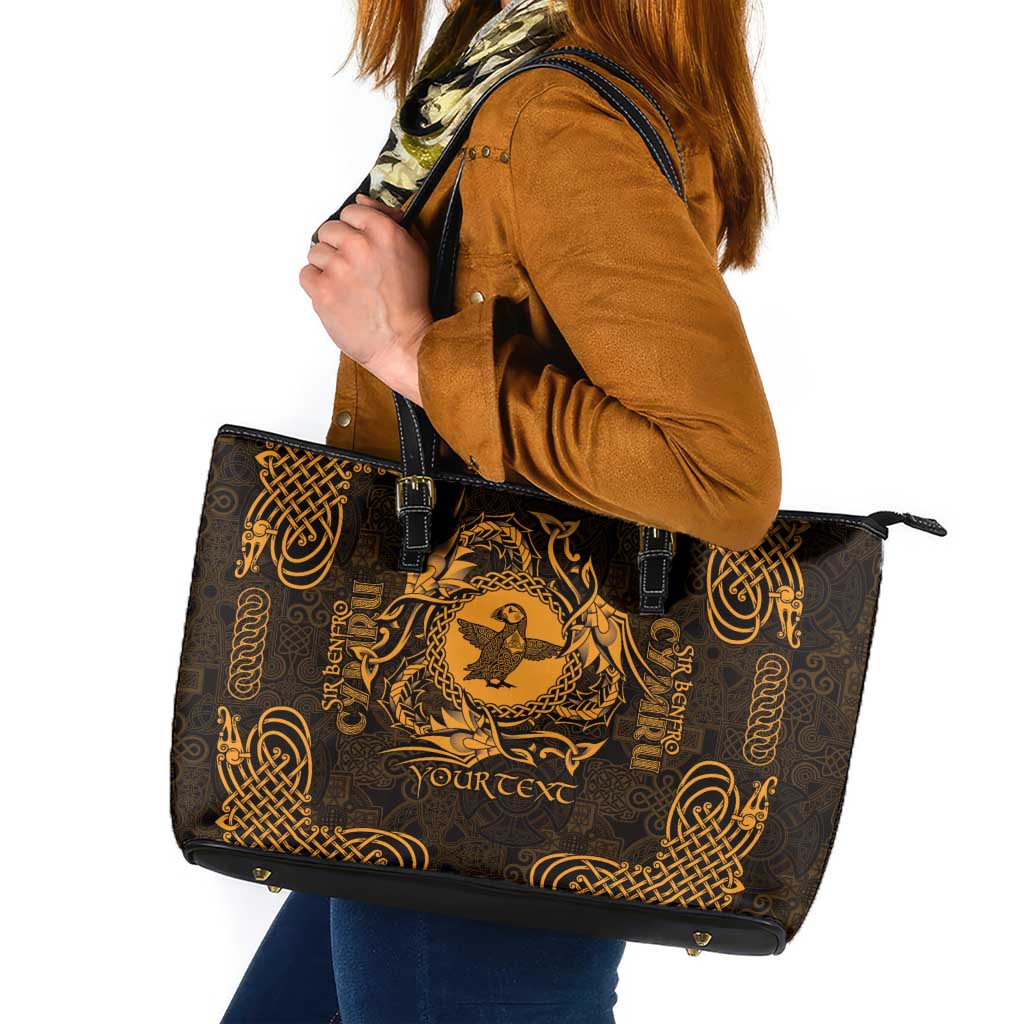 Personalized Pembrokeshire Sir Benfro Leather Tote Bag Gold Puffin Celtic-inspired - Wonder Print Shop
