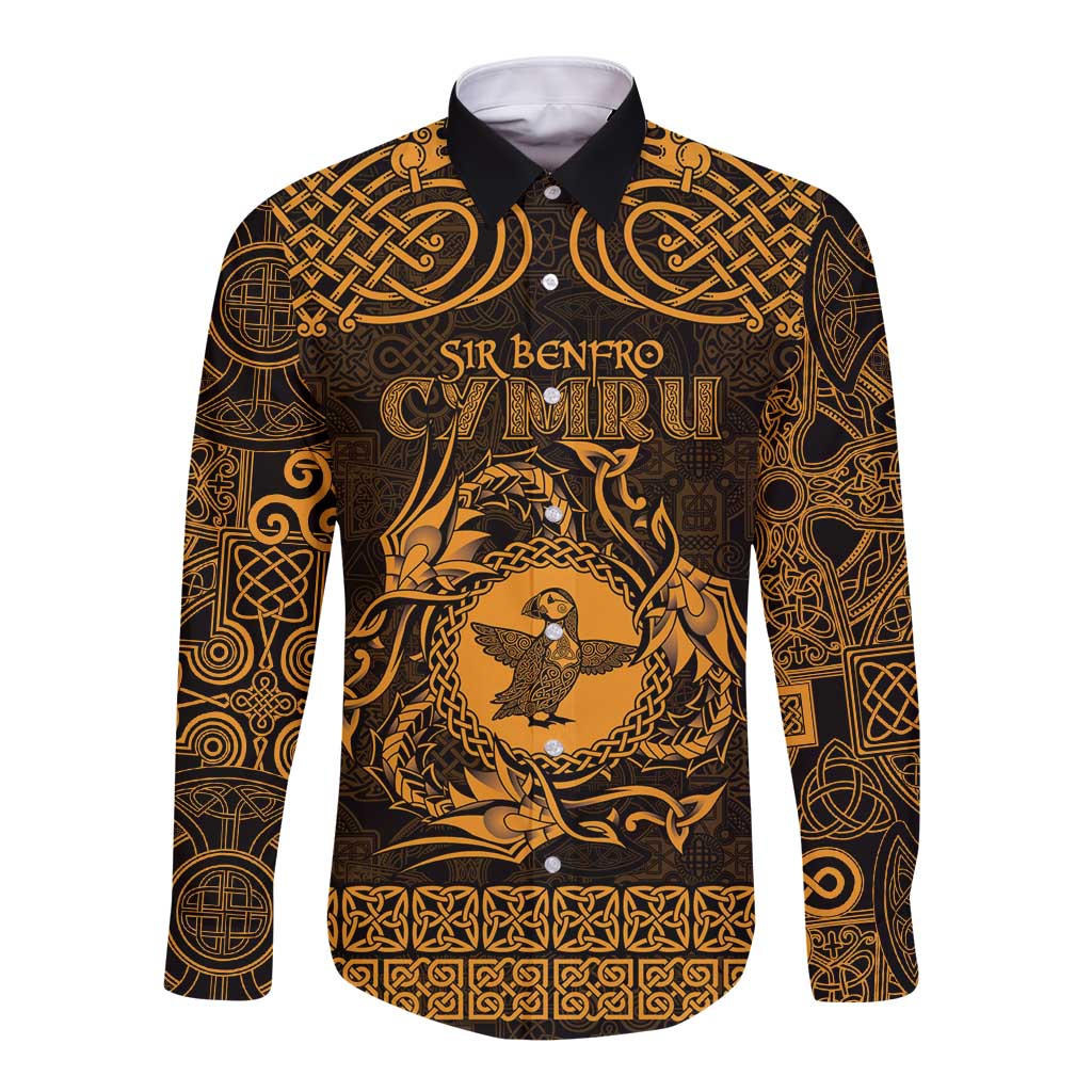 Personalized Pembrokeshire Sir Benfro Long Sleeve Button Shirt Gold Puffin Celtic-inspired - Wonder Print Shop