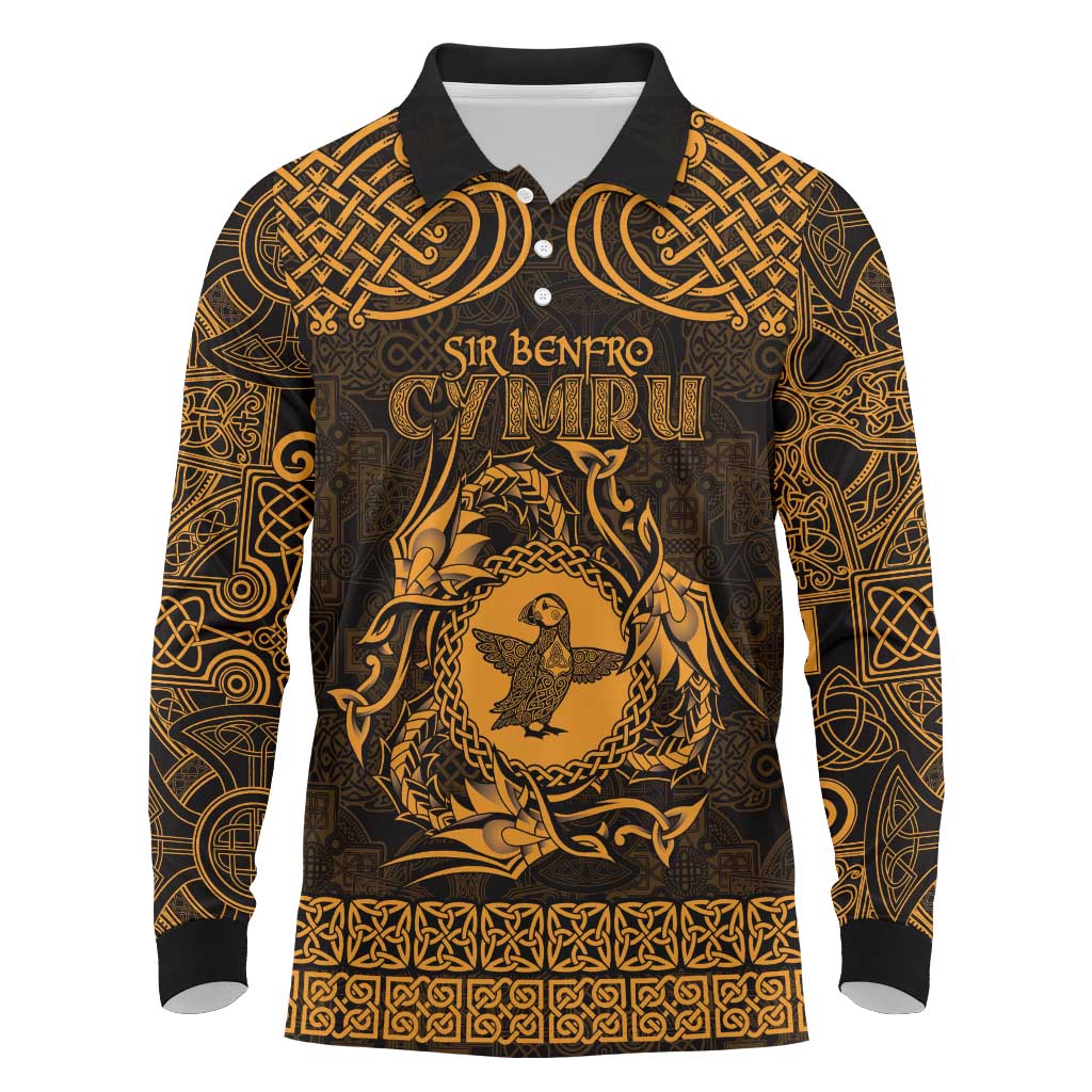 Personalized Pembrokeshire Sir Benfro Long Sleeve Polo Shirt Gold Puffin Celtic-inspired - Wonder Print Shop