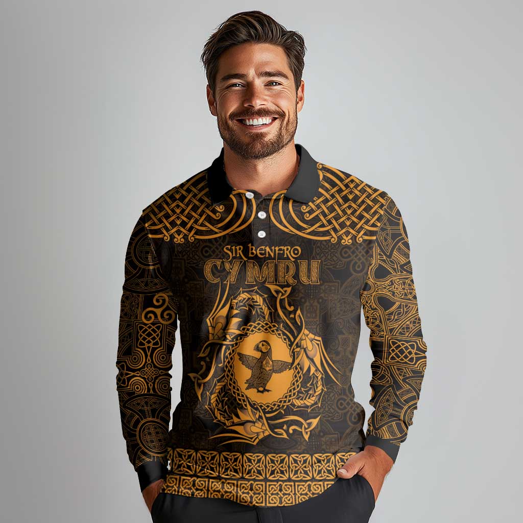 Personalized Pembrokeshire Sir Benfro Long Sleeve Polo Shirt Gold Puffin Celtic-inspired - Wonder Print Shop