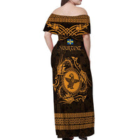 Personalized Pembrokeshire Sir Benfro Off Shoulder Maxi Dress Gold Puffin Celtic-inspired - Wonder Print Shop