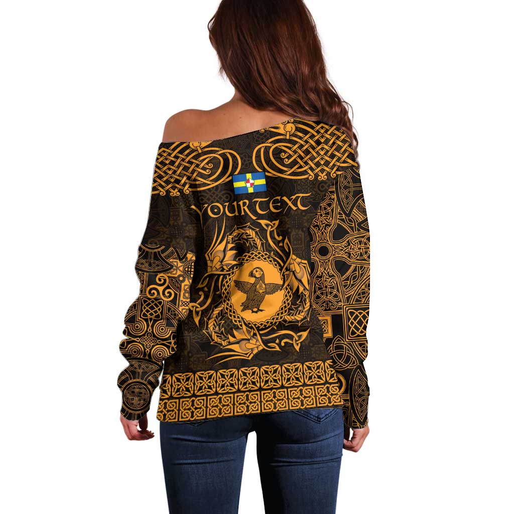 Personalized Pembrokeshire Sir Benfro Off Shoulder Sweater Gold Puffin Celtic-inspired - Wonder Print Shop