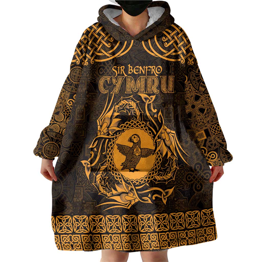 Personalized Pembrokeshire Sir Benfro Wearable Blanket Hoodie Gold Puffin Celtic-inspired - Wonder Print Shop