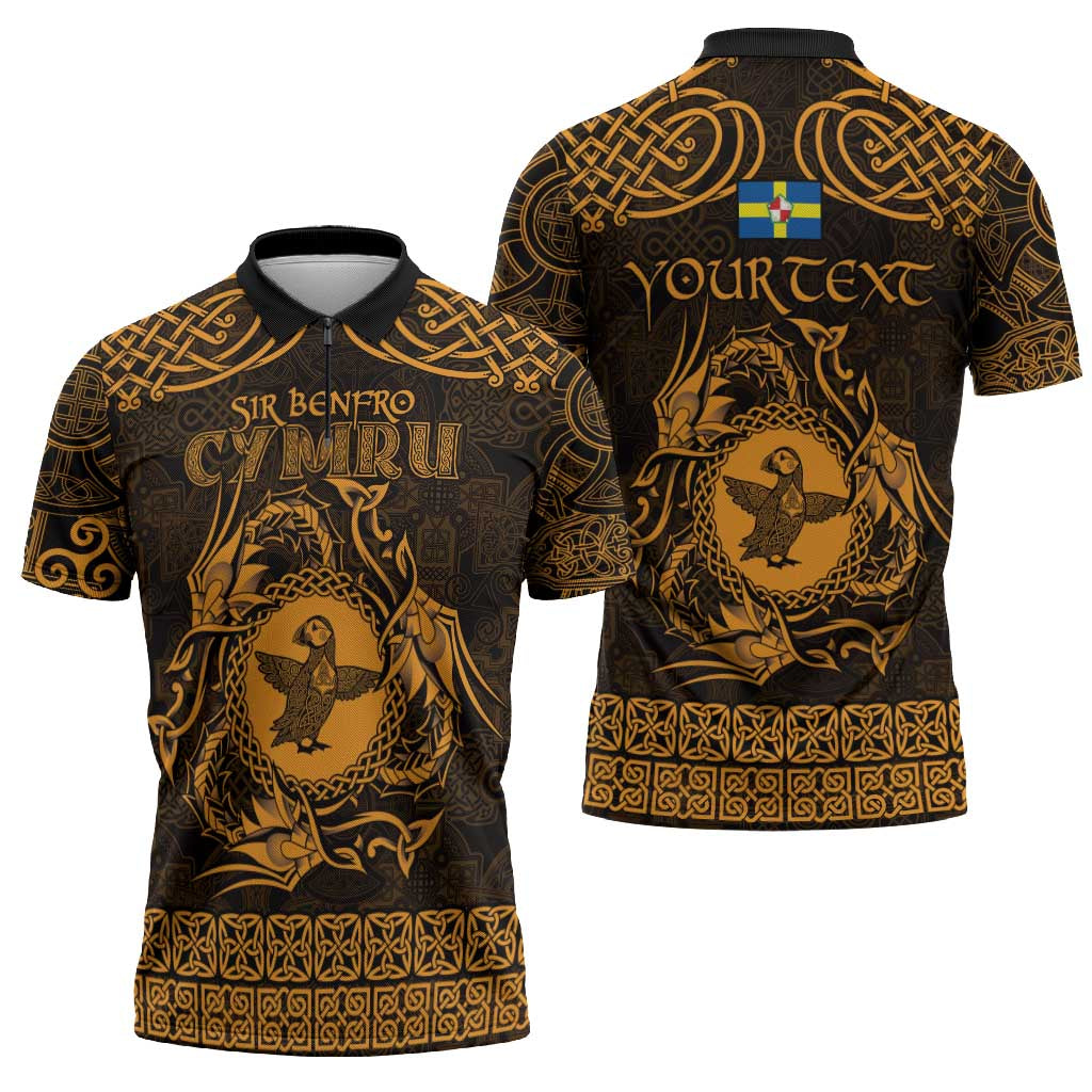 Personalized Pembrokeshire Sir Benfro Zipper Polo Shirt Gold Puffin Celtic-inspired - Wonder Print Shop