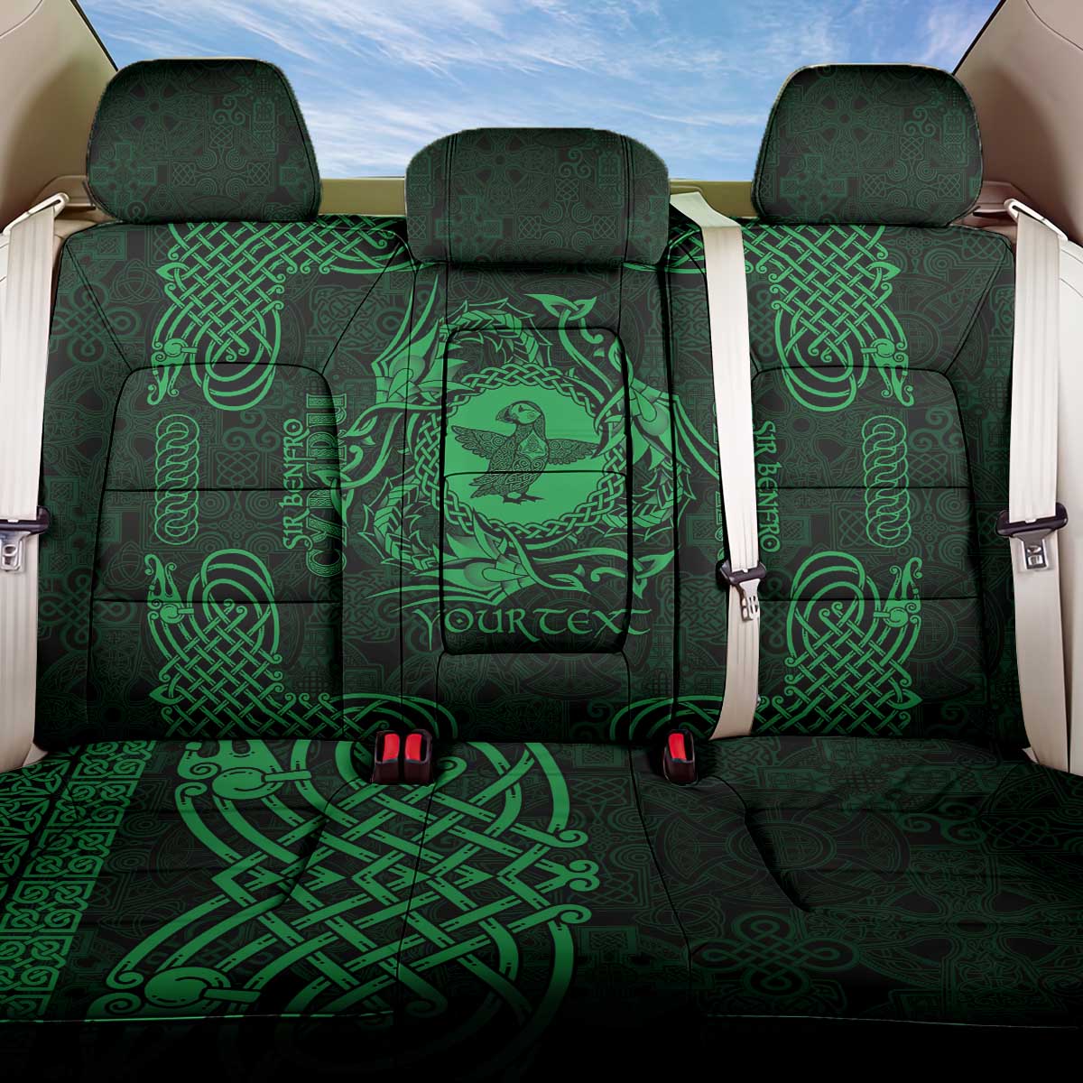 Personalized Pembrokeshire Sir Benfro Back Car Seat Cover Green Puffin Celtic-inspired - Wonder Print Shop