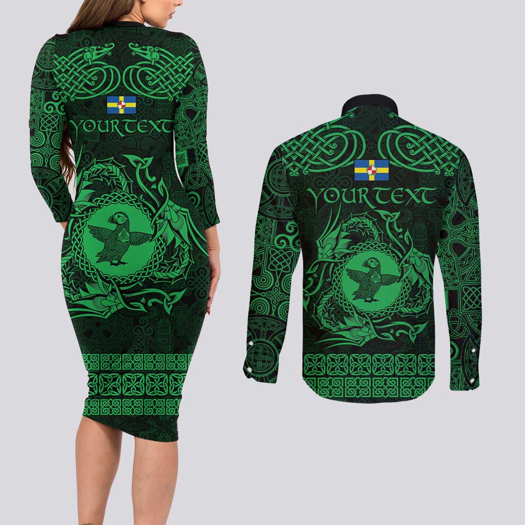 Personalized Pembrokeshire Sir Benfro Couples Matching Long Sleeve Bodycon Dress and Long Sleeve Button Shirt Green Puffin Celtic-inspired - Wonder Print Shop