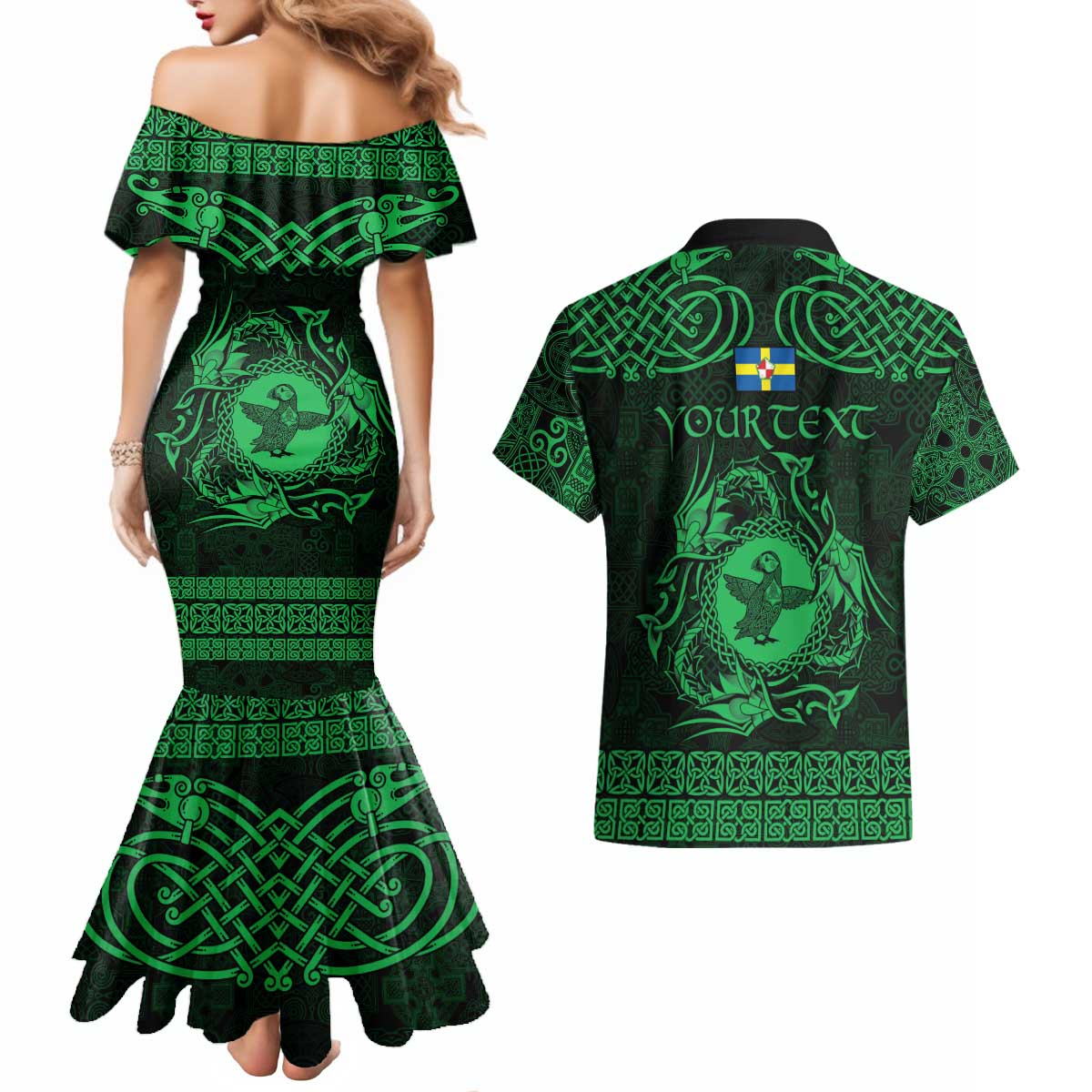 Personalized Pembrokeshire Sir Benfro Couples Matching Mermaid Dress and Hawaiian Shirt Green Puffin Celtic-inspired - Wonder Print Shop