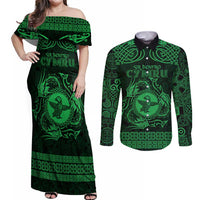 Personalized Pembrokeshire Sir Benfro Couples Matching Off Shoulder Maxi Dress and Long Sleeve Button Shirt Green Puffin Celtic-inspired - Wonder Print Shop