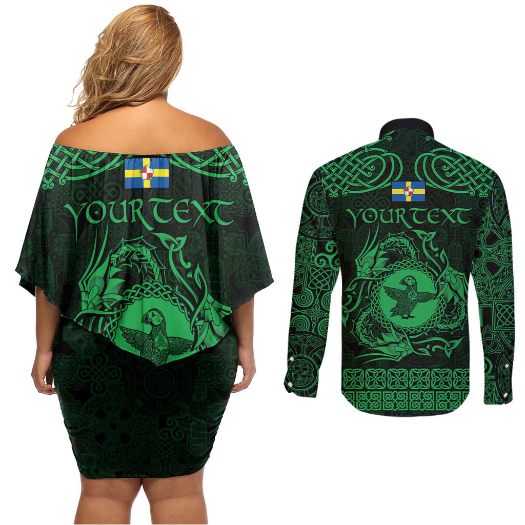 Personalized Pembrokeshire Sir Benfro Couples Matching Off Shoulder Short Dress and Long Sleeve Button Shirt Green Puffin Celtic-inspired - Wonder Print Shop