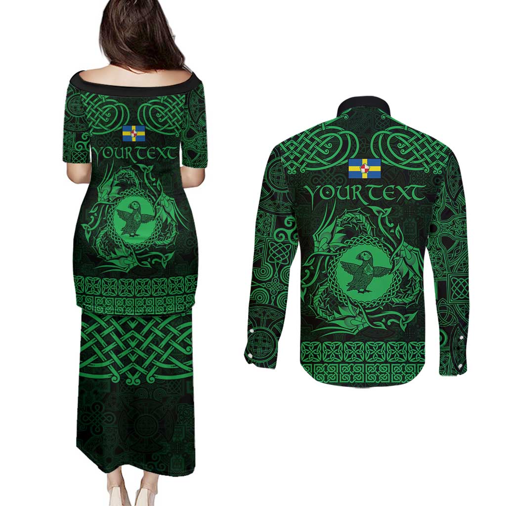 Personalized Pembrokeshire Sir Benfro Couples Matching Puletasi and Long Sleeve Button Shirt Green Puffin Celtic-inspired - Wonder Print Shop
