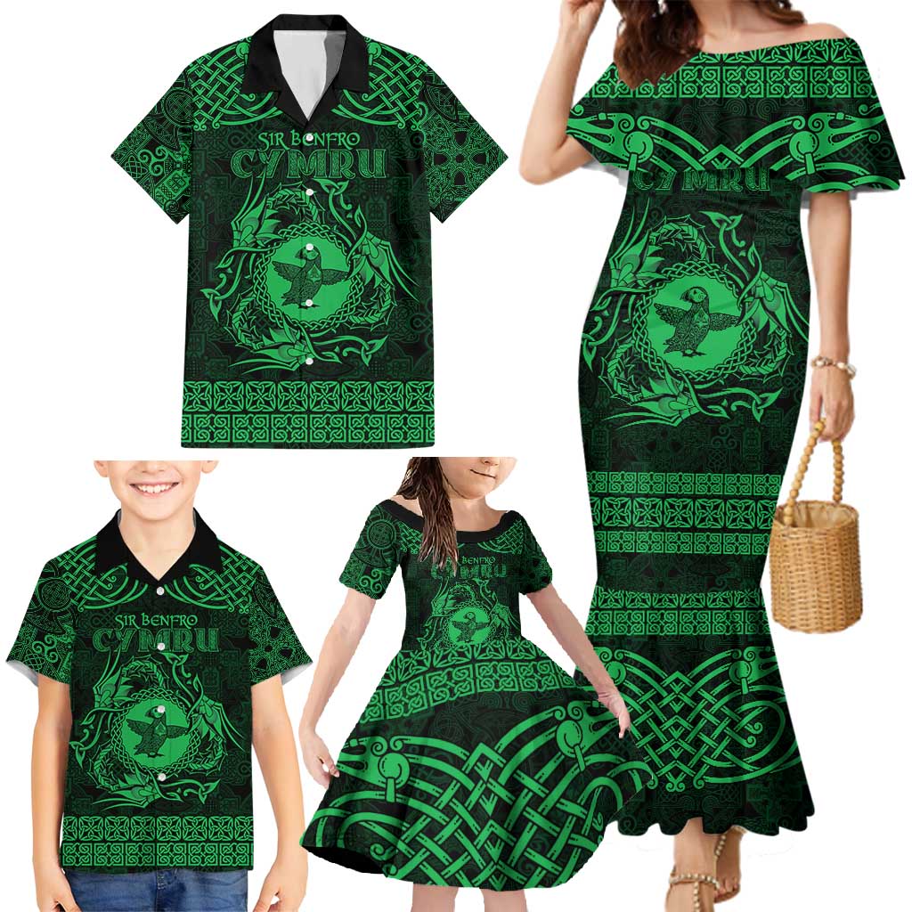 Personalized Pembrokeshire Sir Benfro Family Matching Mermaid Dress and Hawaiian Shirt Green Puffin Celtic-inspired - Wonder Print Shop