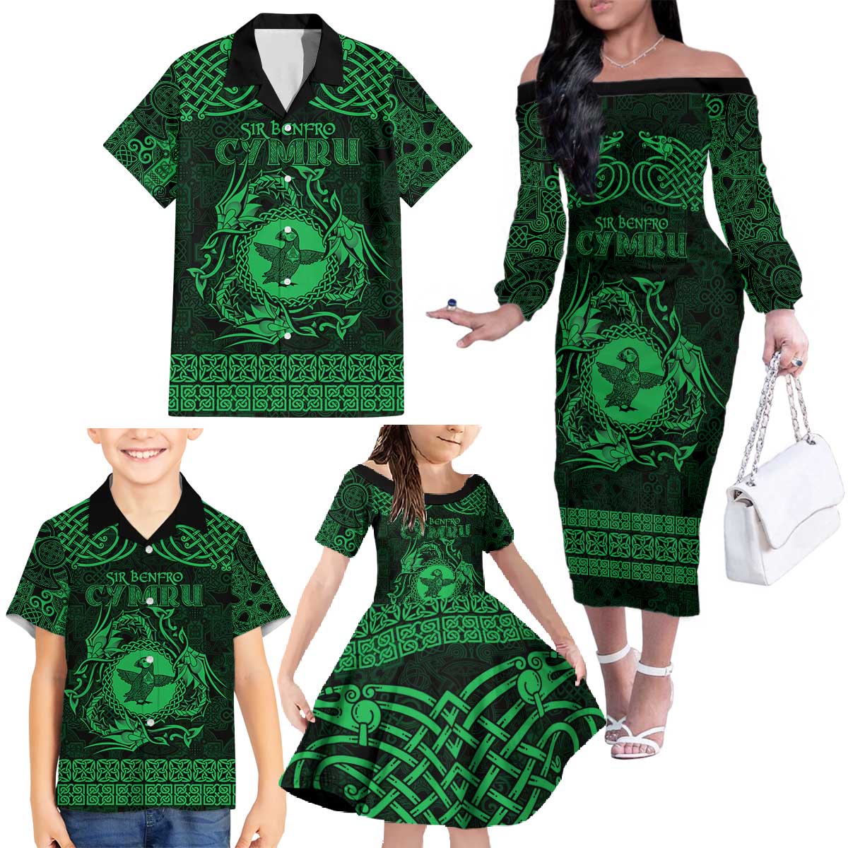 Personalized Pembrokeshire Sir Benfro Family Matching Off The Shoulder Long Sleeve Dress and Hawaiian Shirt Green Puffin Celtic-inspired - Wonder Print Shop