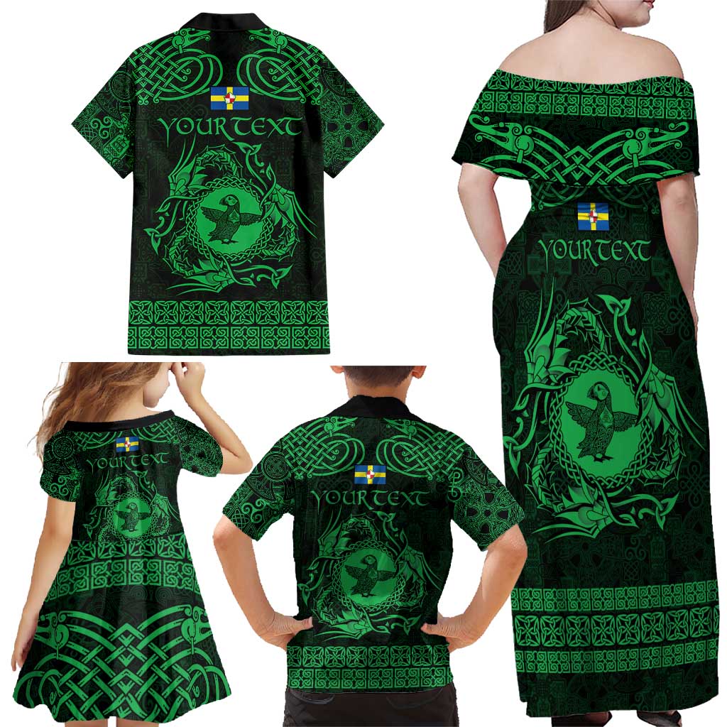 Personalized Pembrokeshire Sir Benfro Family Matching Off Shoulder Maxi Dress and Hawaiian Shirt Green Puffin Celtic-inspired - Wonder Print Shop