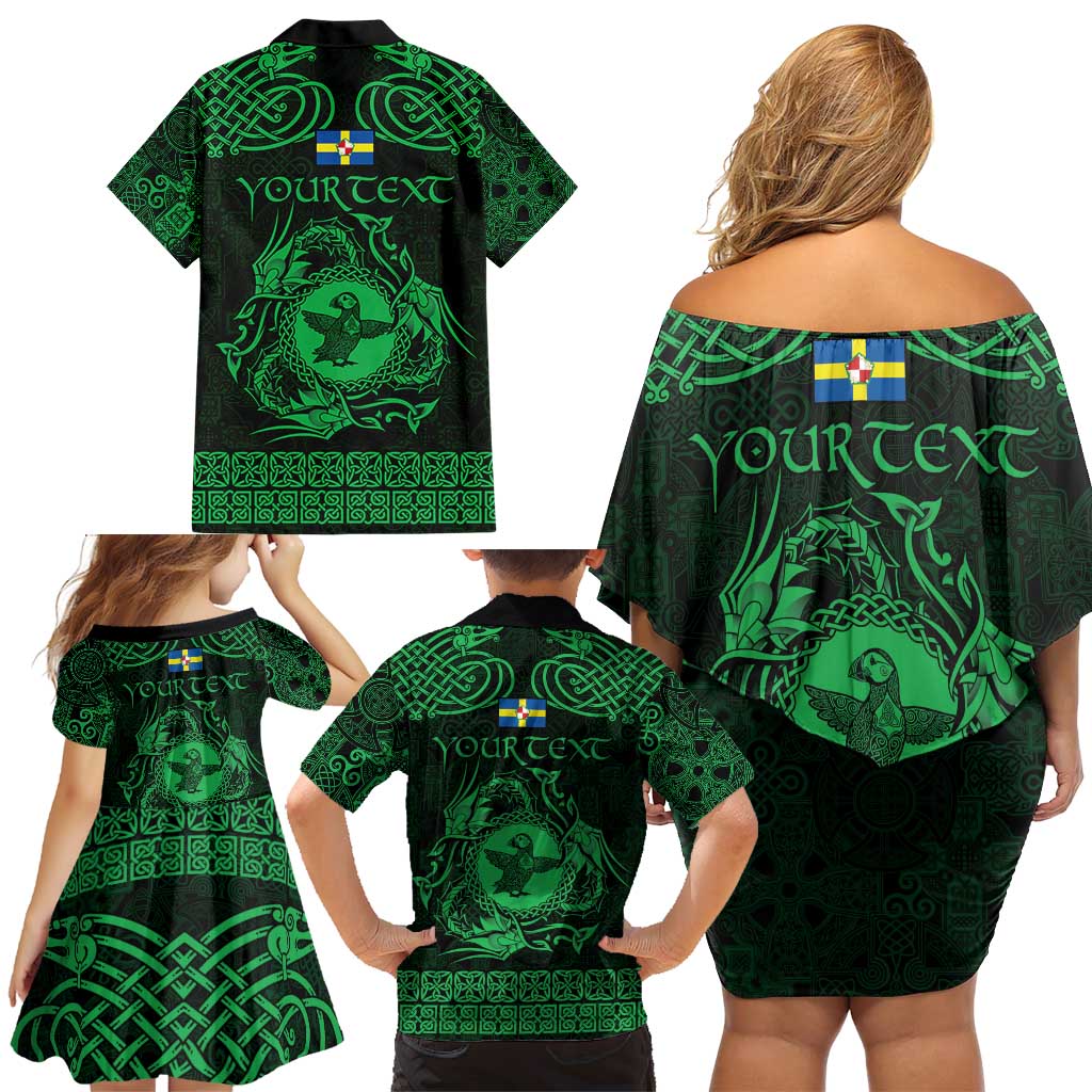 Personalized Pembrokeshire Sir Benfro Family Matching Off Shoulder Short Dress and Hawaiian Shirt Green Puffin Celtic-inspired - Wonder Print Shop