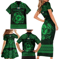 Personalized Pembrokeshire Sir Benfro Family Matching Short Sleeve Bodycon Dress and Hawaiian Shirt Green Puffin Celtic-inspired - Wonder Print Shop